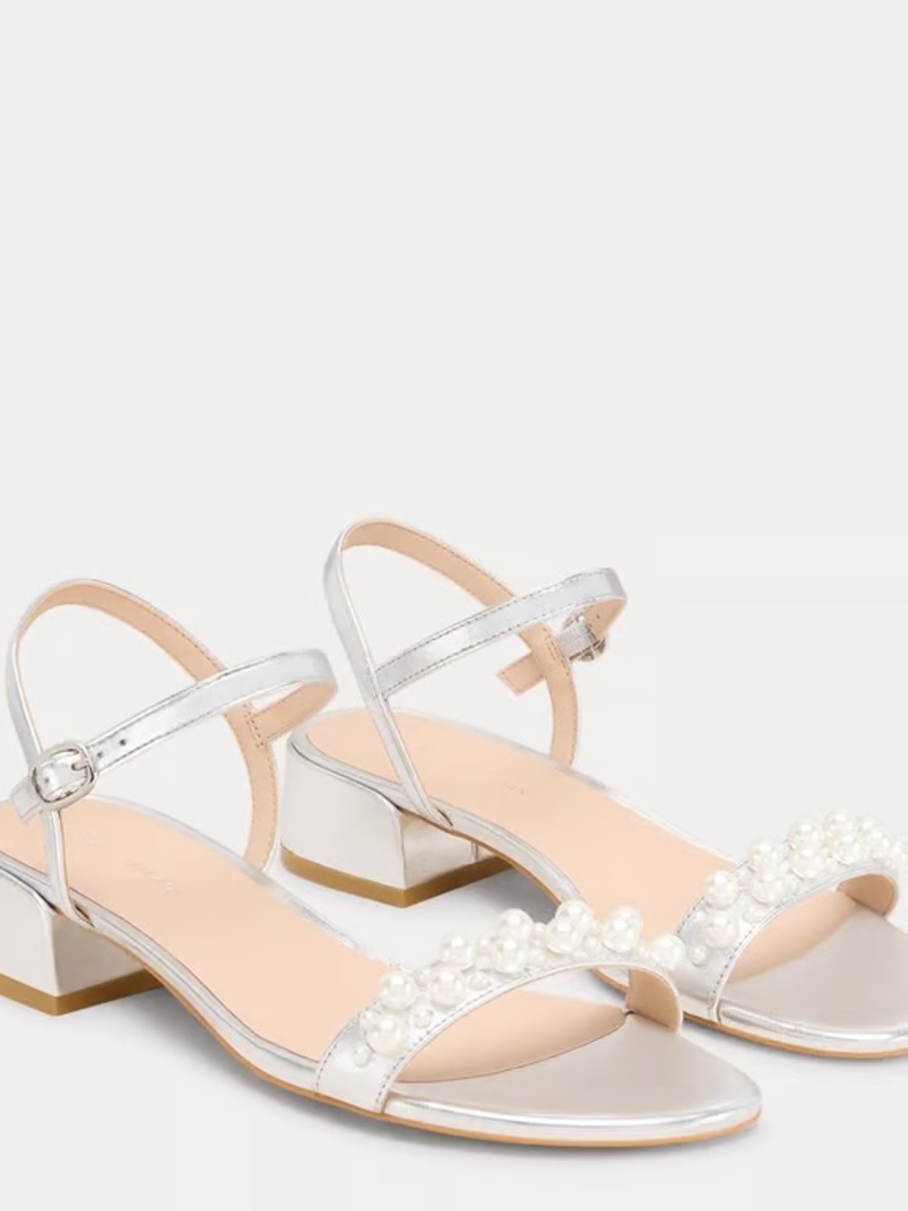 Stuart Weitzman Silver Pearl Strap Low Block Heel Sandals